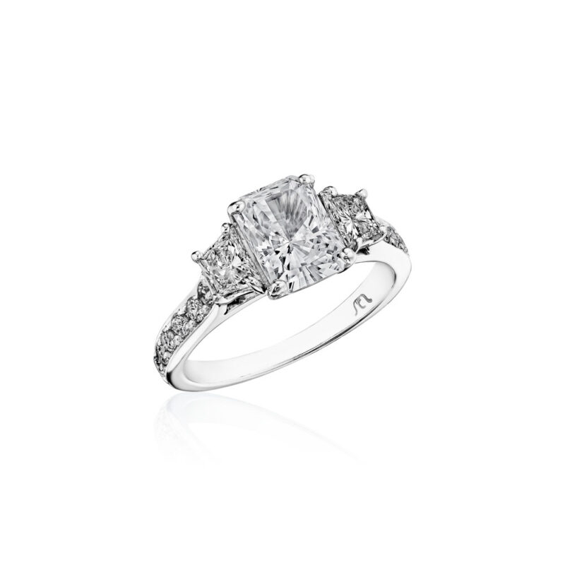 Perfect Twogether® 3 Stone Trapezoid Cut Diamond Ring with Pavé Shank