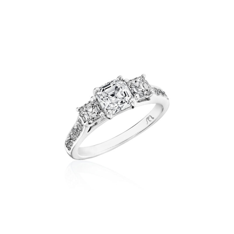 Perfect Twogether® 3 Stone Asscher Cut Diamond Ring with Pavé Shank