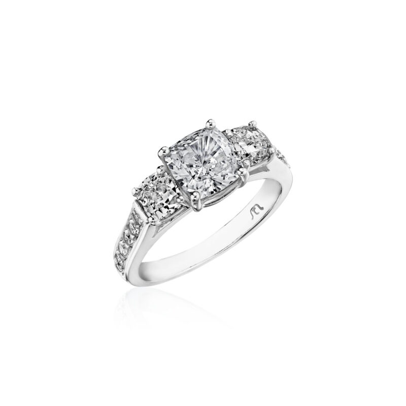 Perfect Twogether® 3 Stone Cushion Cut Diamond Ring with Pavé Shank