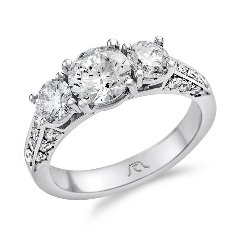 Perfect Twogether® 3 Stone Round Diamond Ring with 3 Sided Pavé Shank