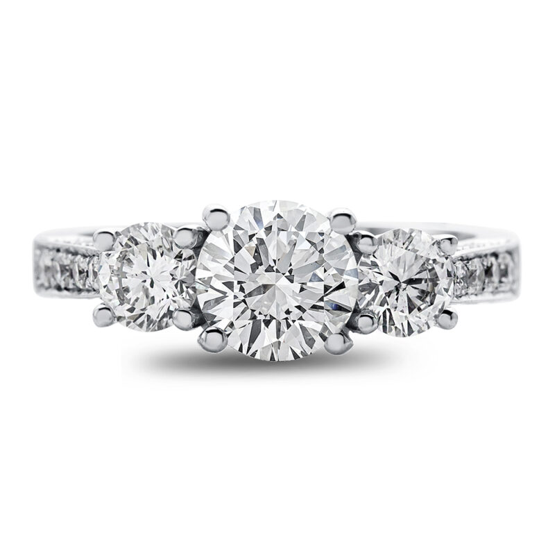Perfect Twogether® 3 Stone Round Diamond Ring with 3 Sided Pavé Shank