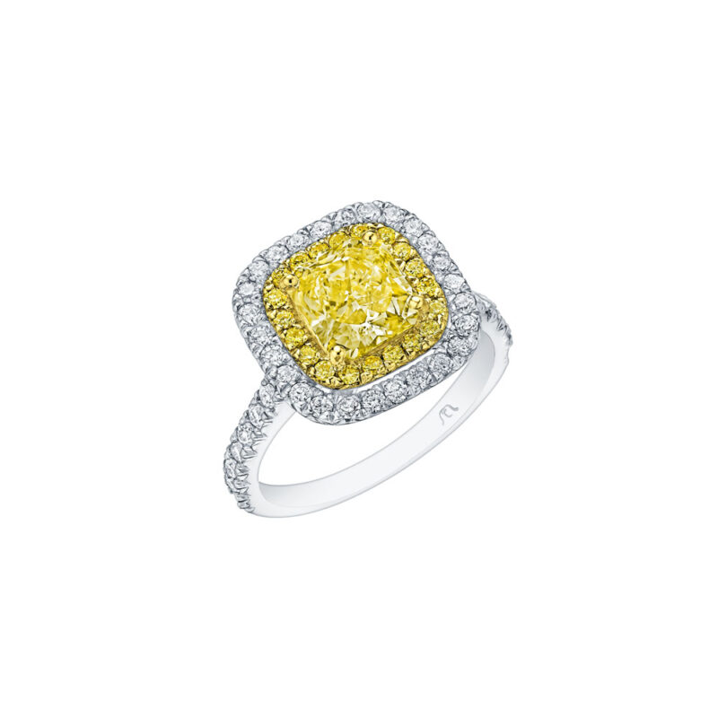 Double Halo Fancy Yellow Radiant Cut Ring