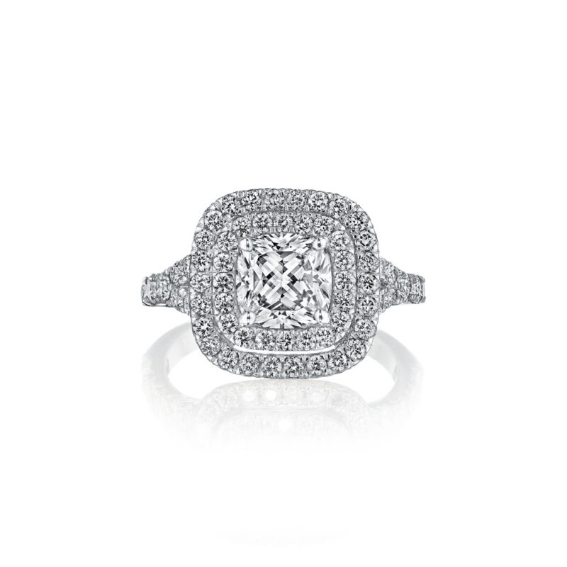 New York Dreams®  Cushion Shaped Double Halo Diamond Engagement Ring with Split Shank