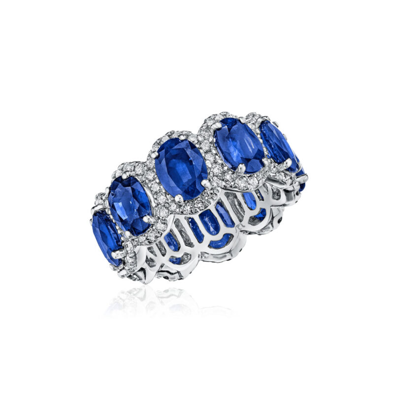 Oval Sapphire & Round Diamond Halo Eternity Band