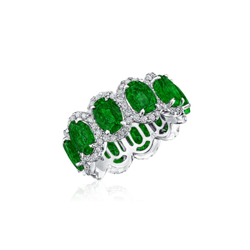 Oval Emerald & Round Diamond Halo Eternity Band