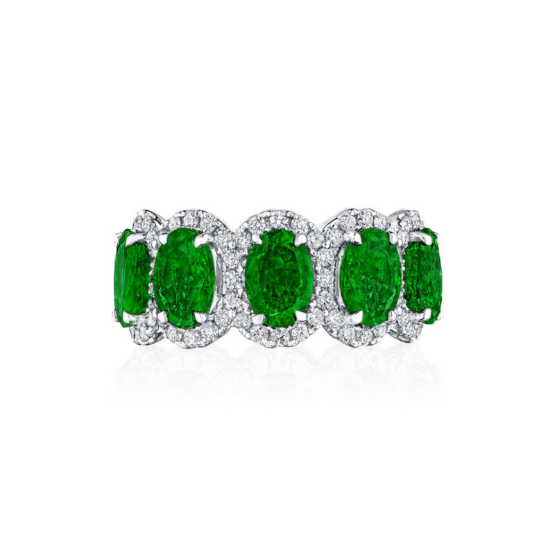 Oval Emerald & Round Diamond Halo Eternity Band