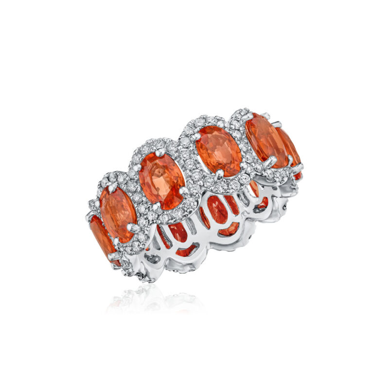Orange Oval Sapphire & Round Diamond Halo Eternity Band