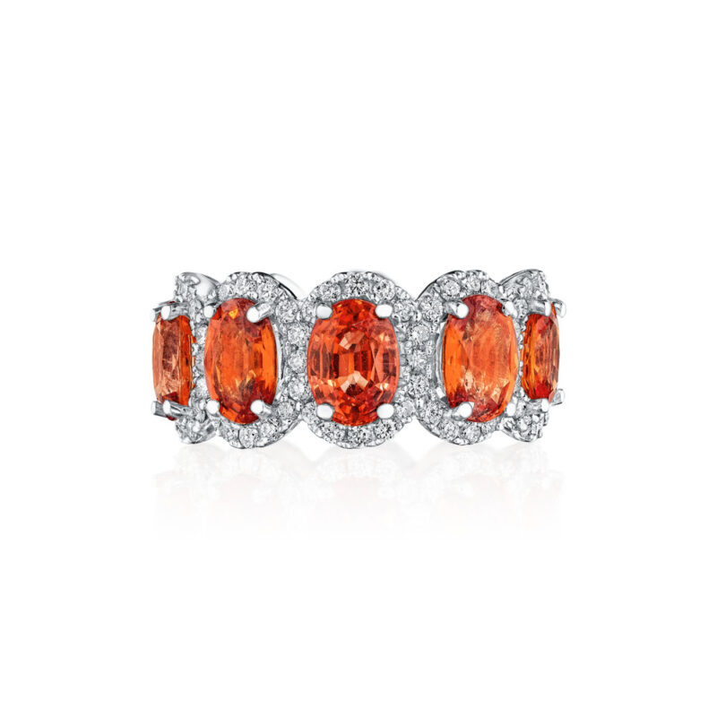 Orange Oval Sapphire & Round Diamond Halo Eternity Band