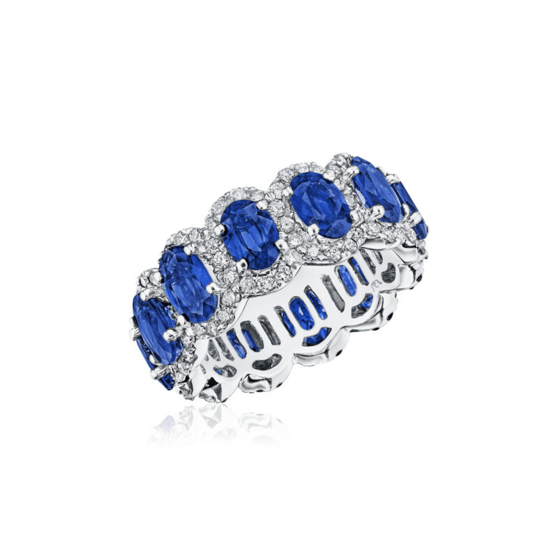 Oval Sapphire & Round Diamond Halo Eternity Band