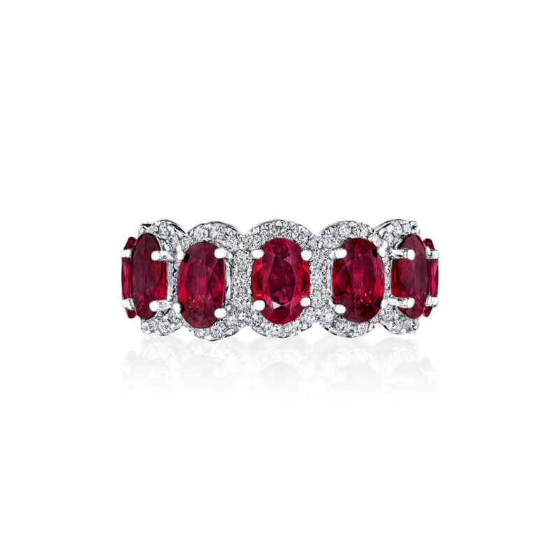 Oval Ruby & Round Diamond Halo Eternity Band