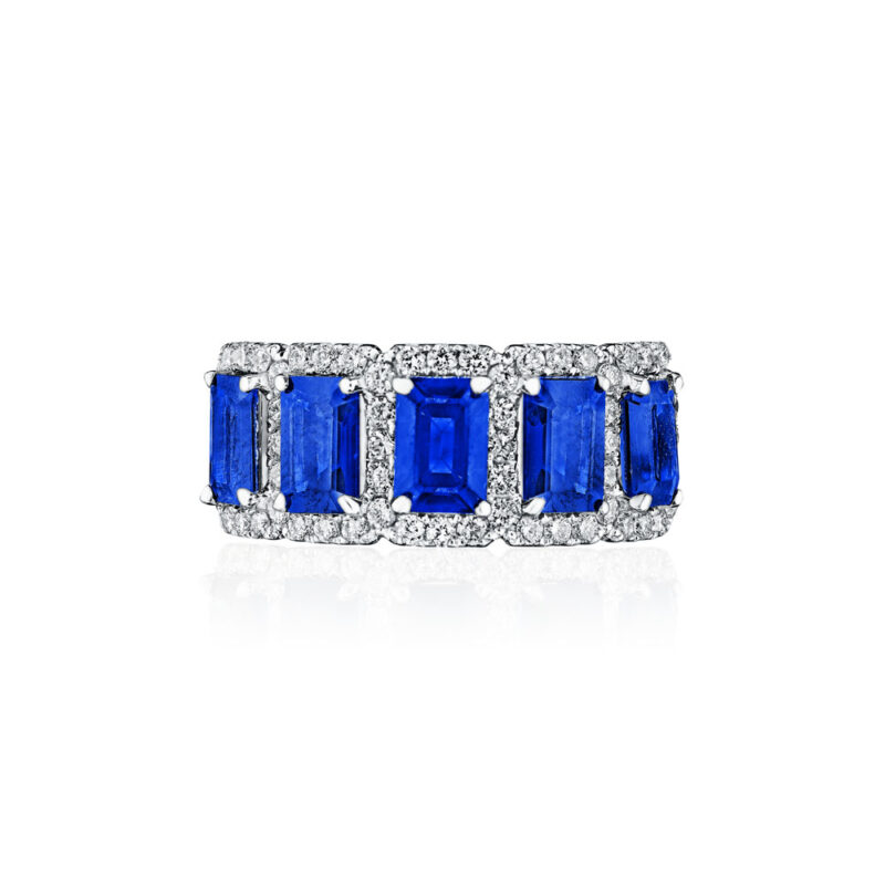Emerald Cut Sapphire & Round Diamond Halo Band