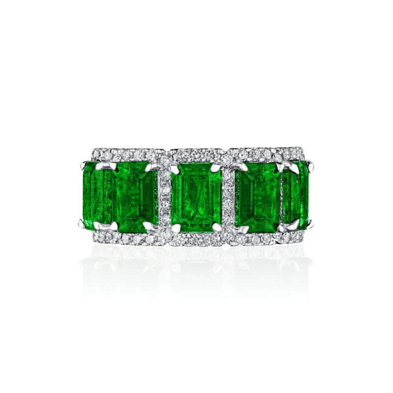 Emerald Cut Emerald & Round Diamond Halo Band