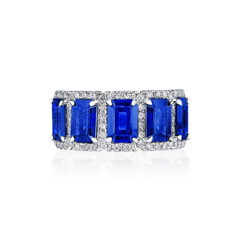 Emerald Cut Sapphire & Round Diamond Halo Band