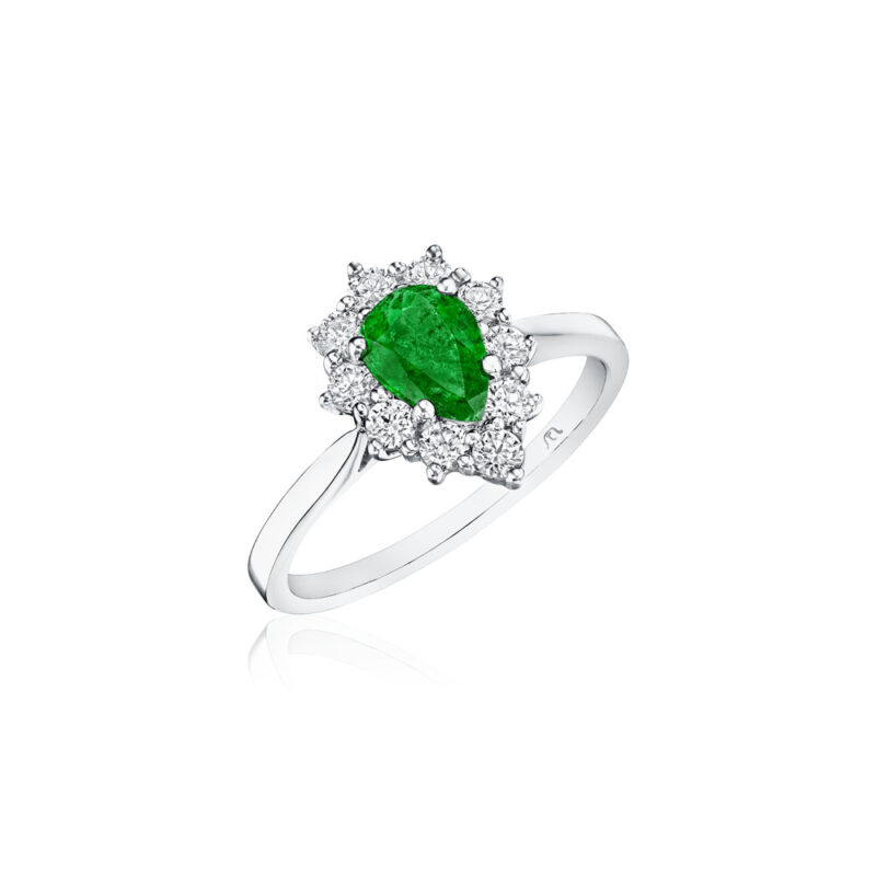 Pear Shape Emerald & Round Diamond Halo Ring