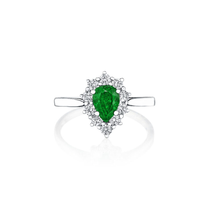 Pear Shape Emerald & Round Diamond Halo Ring
