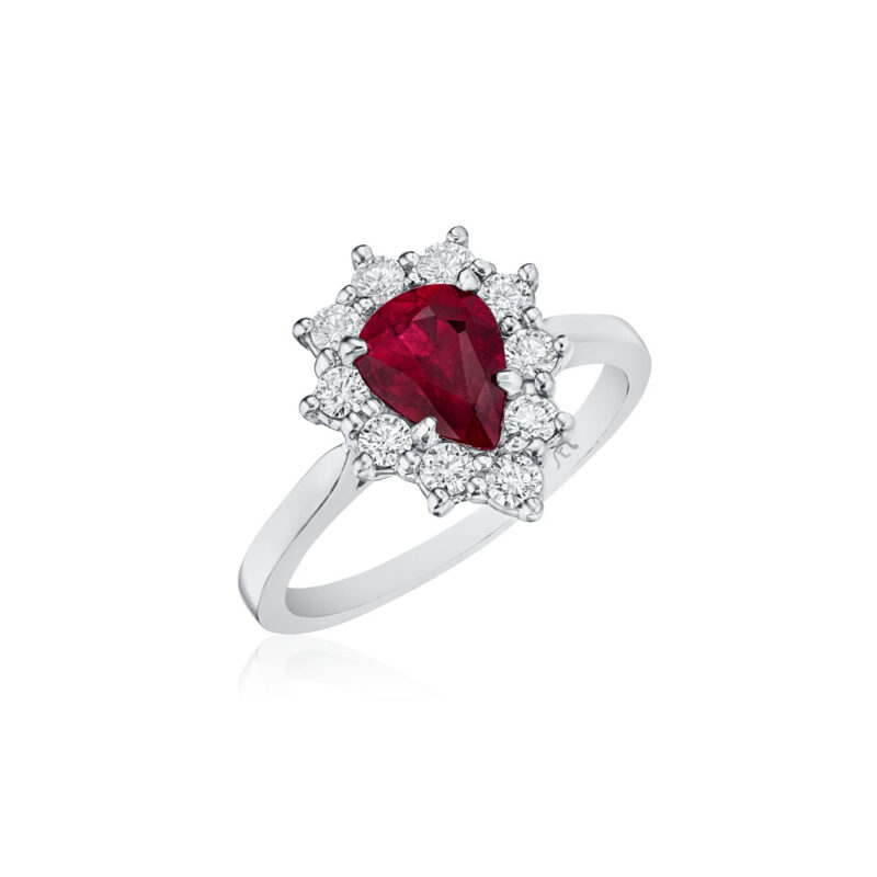 Pear Shape Ruby & Round Diamond Halo Ring