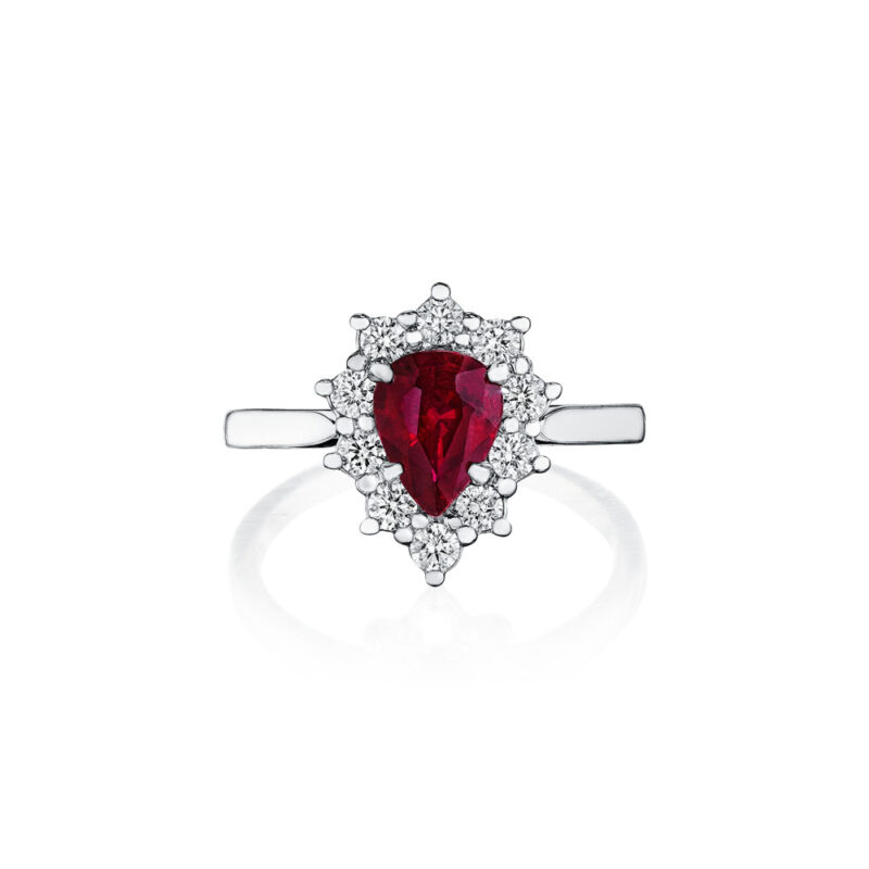 Pear Shape Ruby & Round Diamond Halo Ring