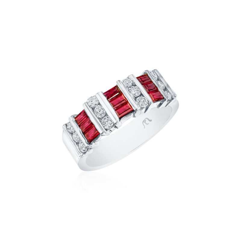 Round Diamond & Ruby Baguette 3 Row Band