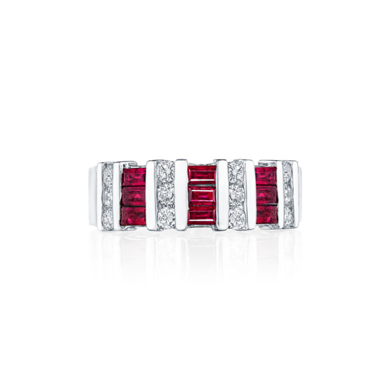 Round Diamond & Ruby Baguette 3 Row Band