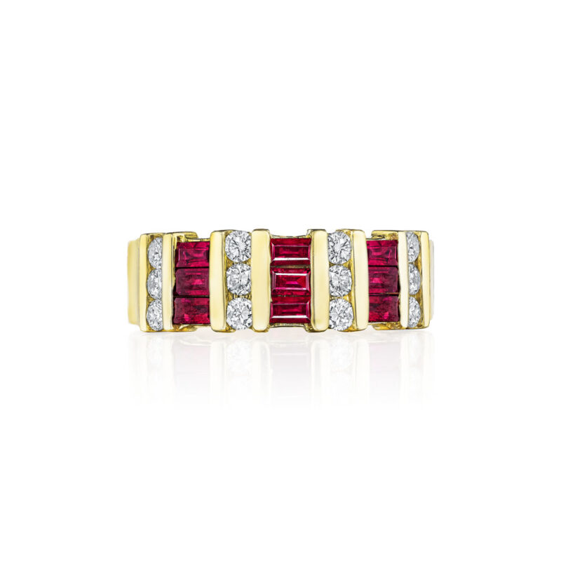 Round Diamond & Ruby Baguette 3 Row Band