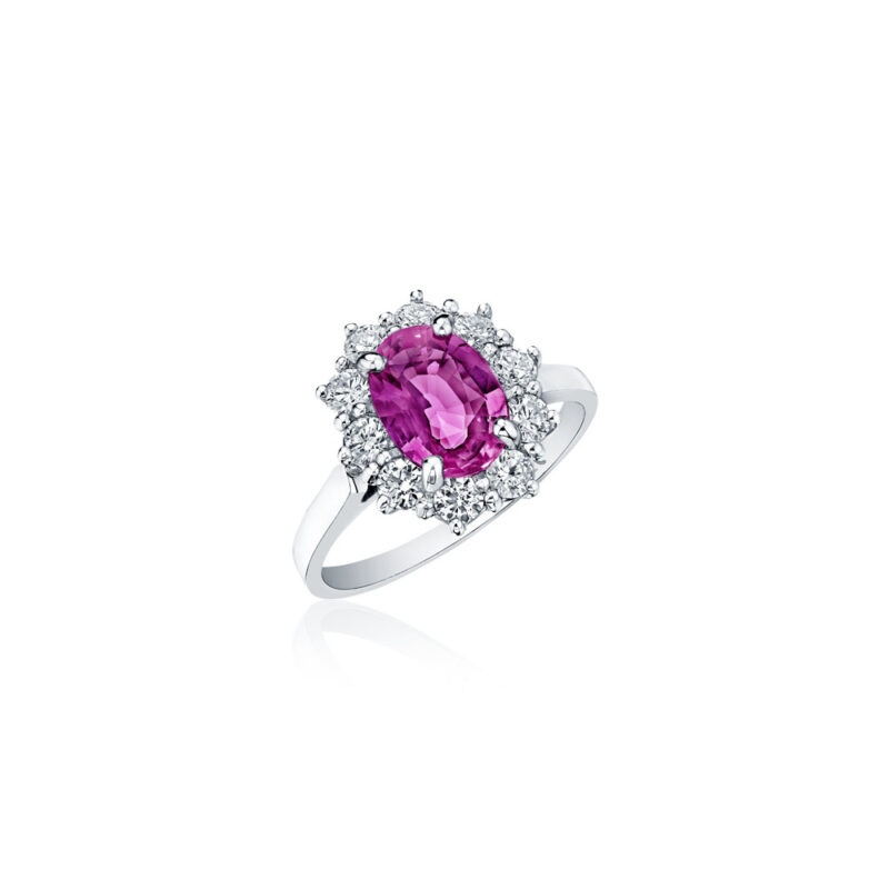 Oval Pink Sapphire & Round Diamond Halo Ring