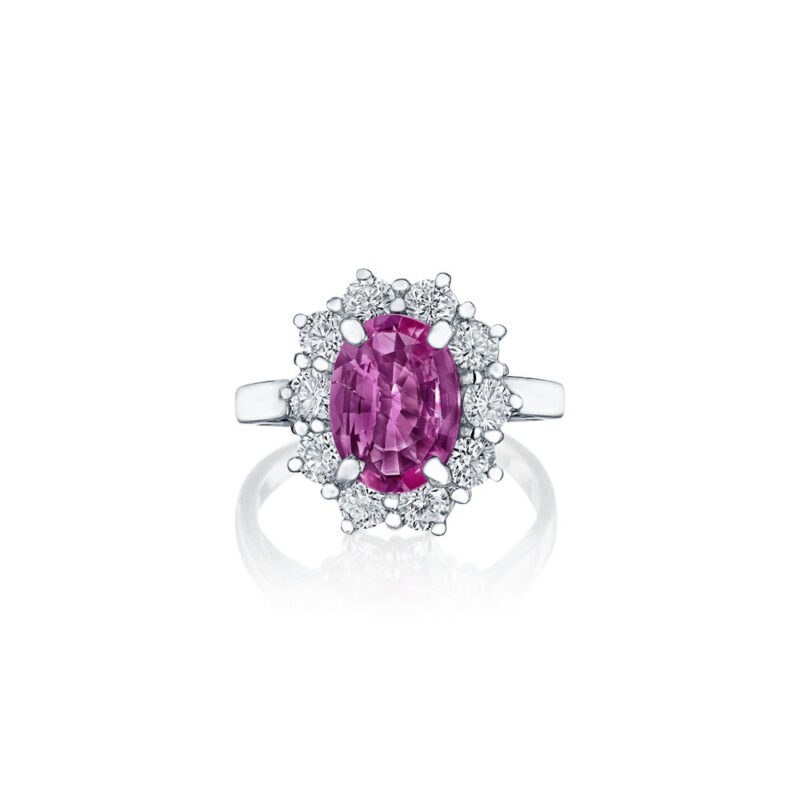 Oval Pink Sapphire & Round Diamond Halo Ring