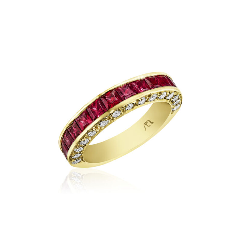 Princess Cut Ruby & Round Diamond 3 Sided Band