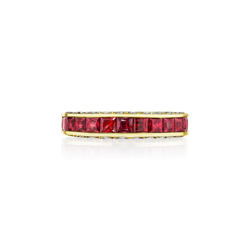 Princess Cut Ruby & Round Diamond 3 Sided Band
