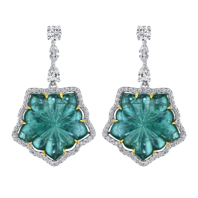 Carved Cabochon Emerald & Diamond Earrings