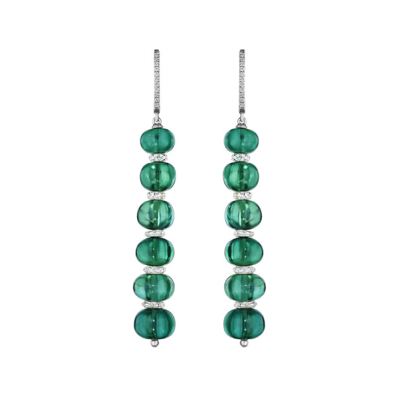 42.67ct Green Emerald Bead & Diamond Drop Earrings