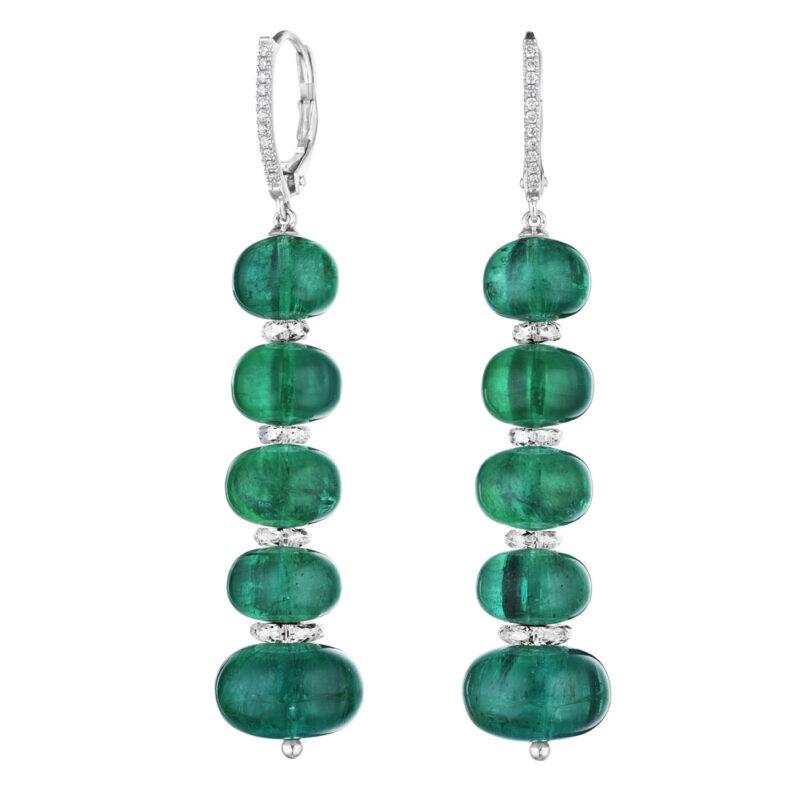 Cabochon Beaded Emerald & Diamond Drop Earrings
