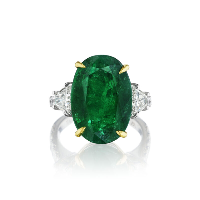 Oval Emerald with Trapezoid and Round Diamond Ring