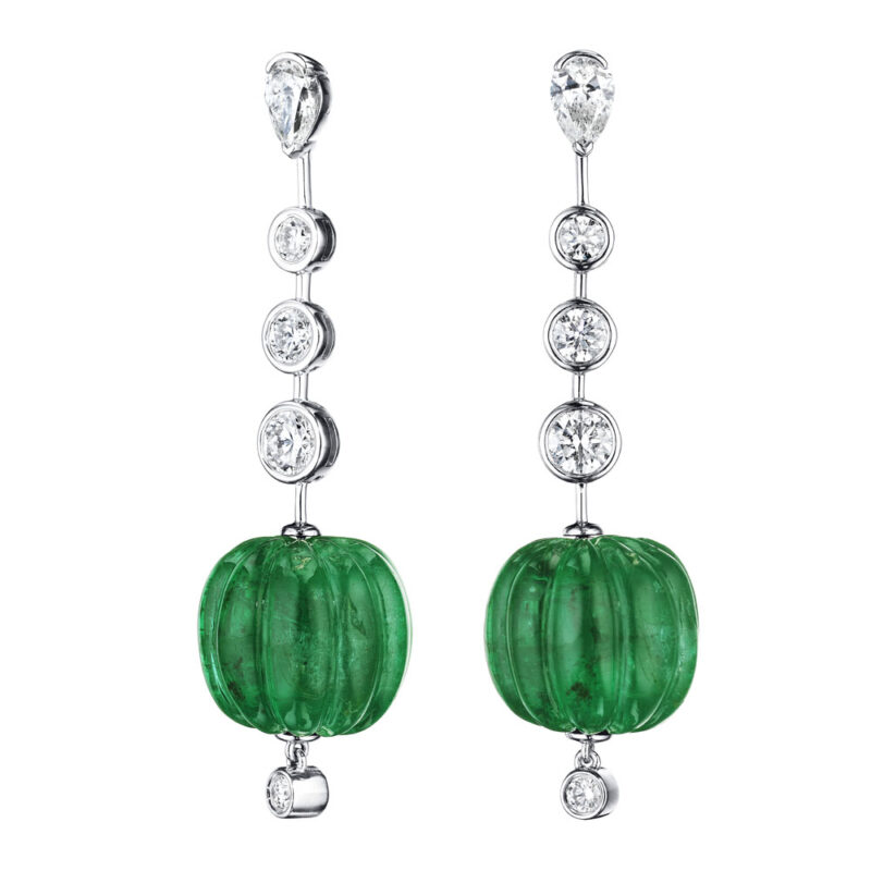 Carved Cabochon Emerald & Diamond Earrings
