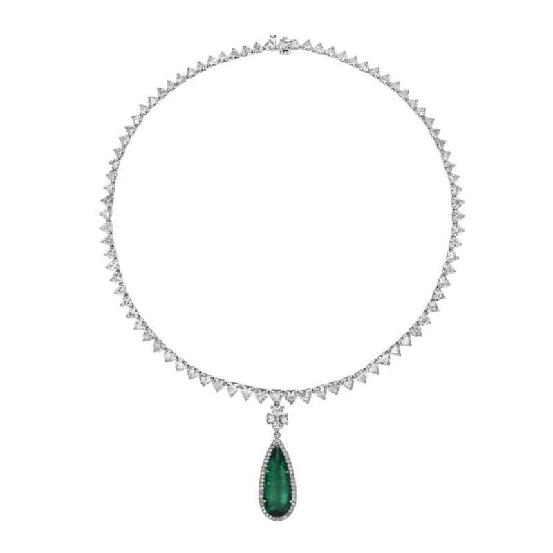 Pear Shape Emerald & Diamond Halo Necklace