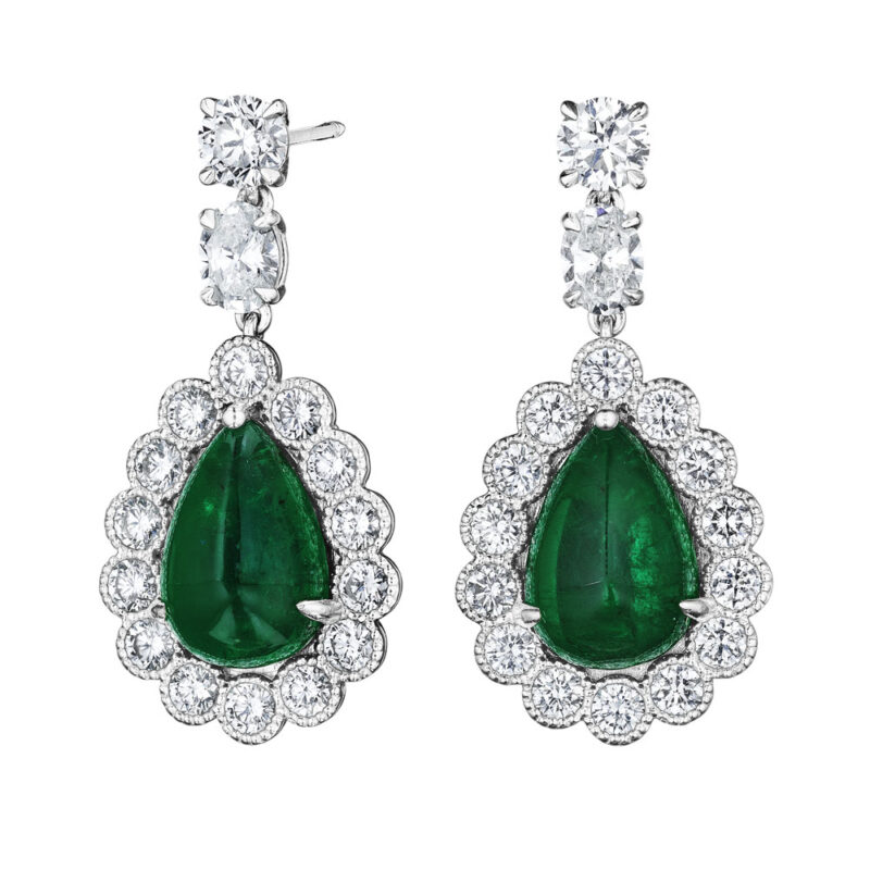 Pear Shape Cabochon Emerald & Diamond Earrings