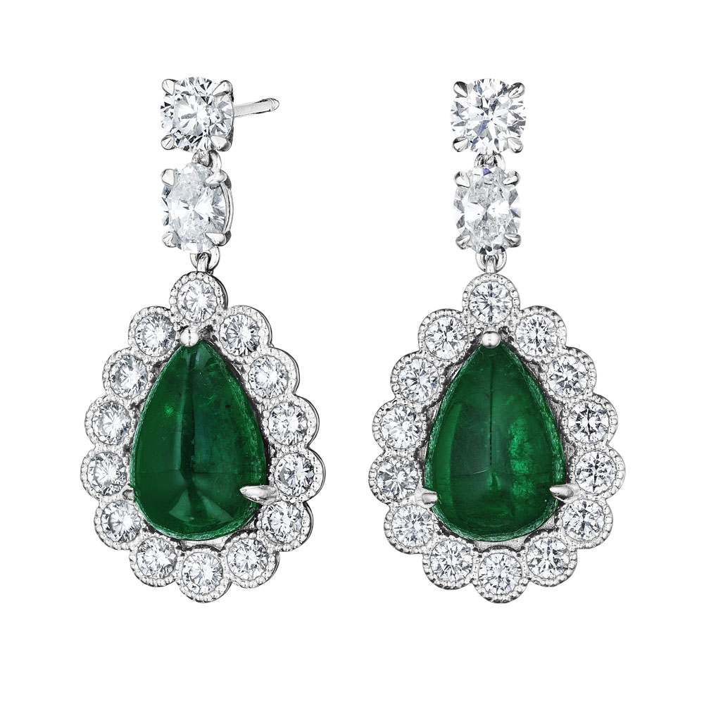 Pear Shape Cabochon Emerald & Diamond Earrings – SES Creations