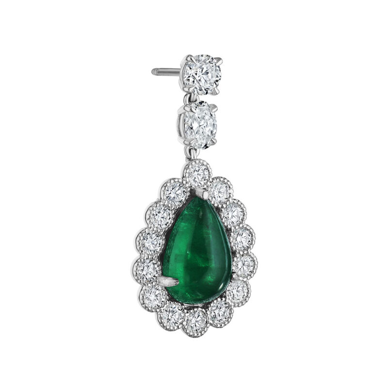 Pear Shape Cabochon Emerald & Diamond Earrings