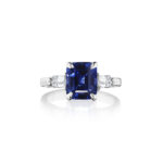 4.88ct Emerald Cut Blue Sapphire & Bullet Cut Diamond Ring