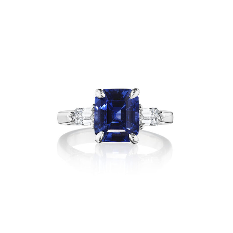 4.88ct Emerald Cut Blue Sapphire & Bullet Cut Diamond Ring