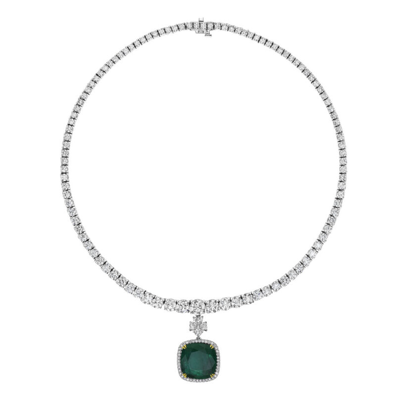 Cushion Cut Emerald & Diamond Tennis Necklace