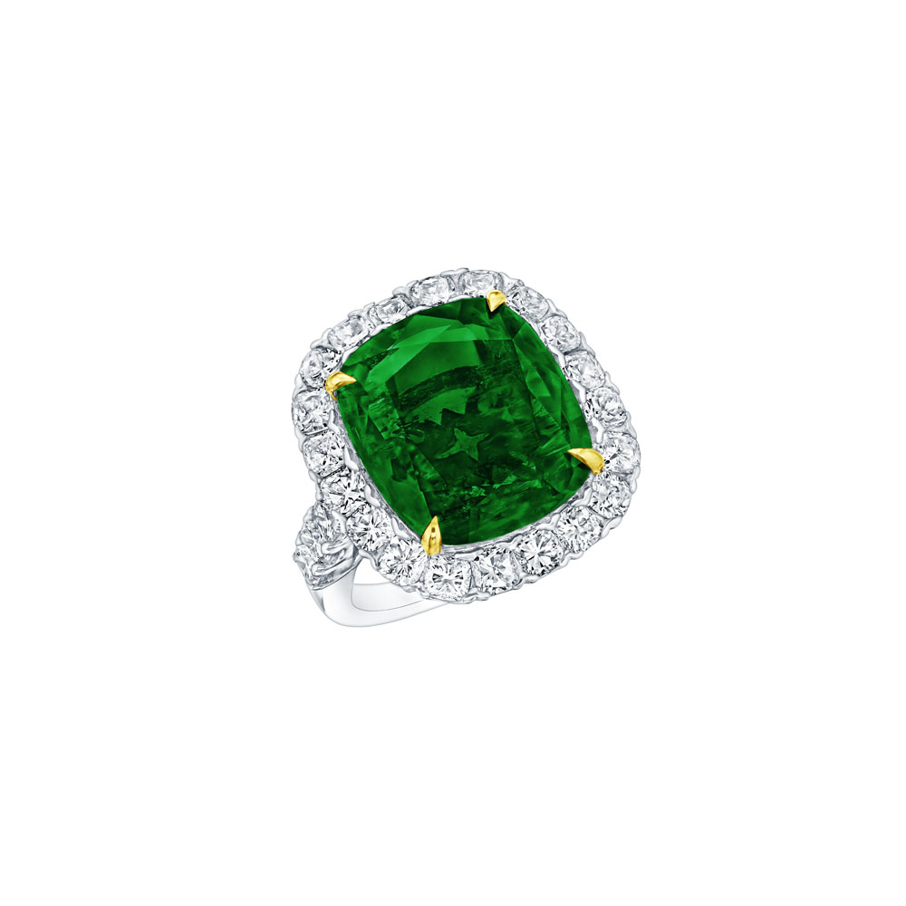 Cushion Cut Emerald & Diamond Halo Ring – SES Creations