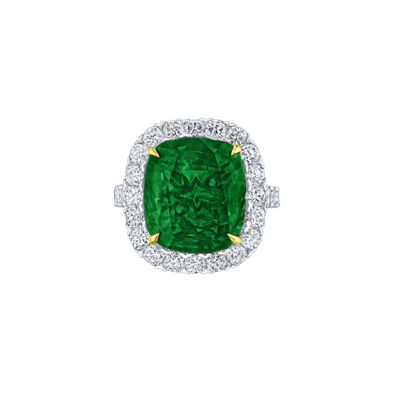 Cushion Cut Emerald & Diamond Halo Ring