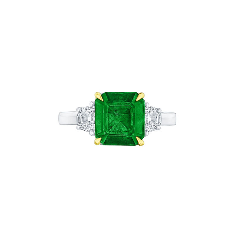 HM#6016 - Emerald Cut Emerald & Half Moon Diamond Ring