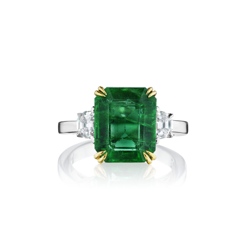 Emerald Cut Zambian Emerald & Half Moon Diamond Ring