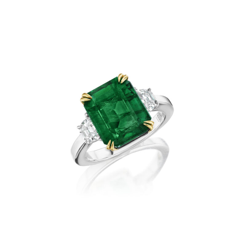 Emerald Cut Zambian Emerald & Half Moon Diamond Ring