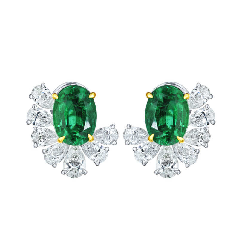 Oval Emerald & Pear Shape Diamond Earrings