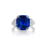 Cushion Cut Sri Lanka Sapphire & Half Moon Diamond Ring with Diamond Halos