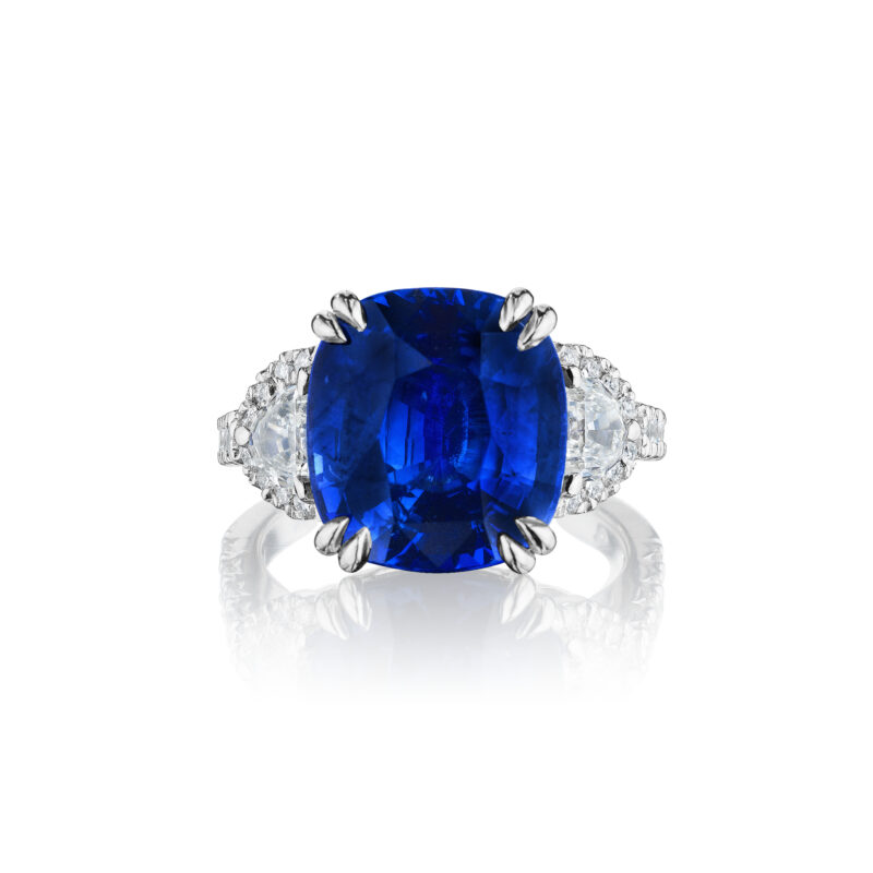 Cushion Cut Sri Lanka Sapphire & Half Moon Diamond Ring with Diamond Halos