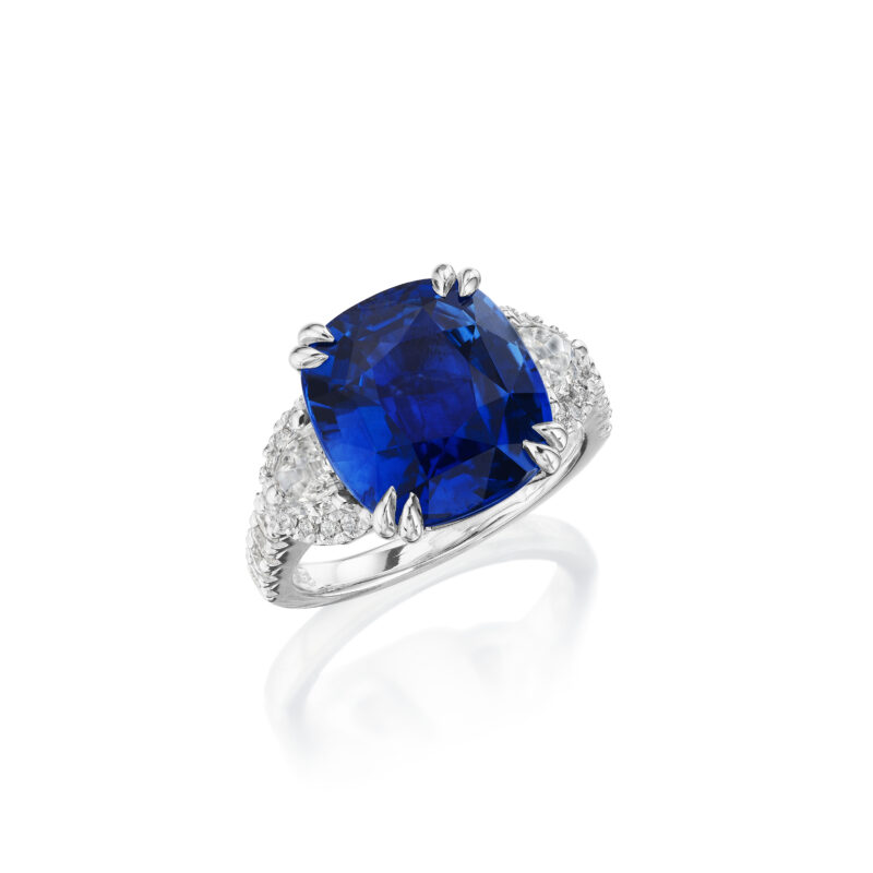 Cushion Cut Sri Lanka Sapphire & Half Moon Diamond Ring with Diamond Halos