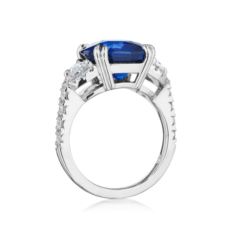 Cushion Cut Sri Lanka Sapphire & Half Moon Diamond Ring with Diamond Halos